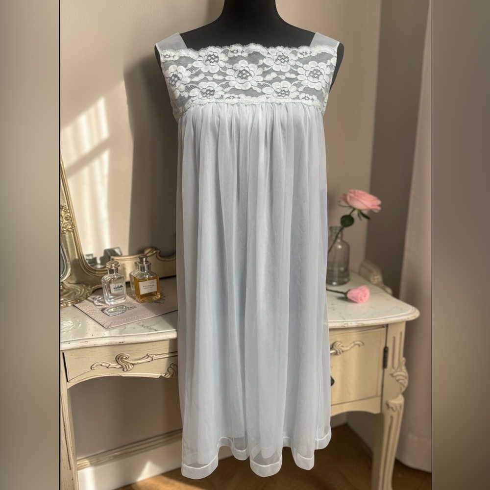 HENSON KICKERNICK VINTAGE PALE BLUE FLORAL LACE NIGHTIE BABYDOLL LINGERIE SIZE M